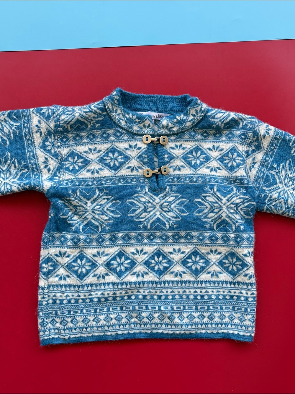 Kids 100% Alpaca Sweater Size 6 Peru Blue Fair Isle Nordic Snowflake Pullover